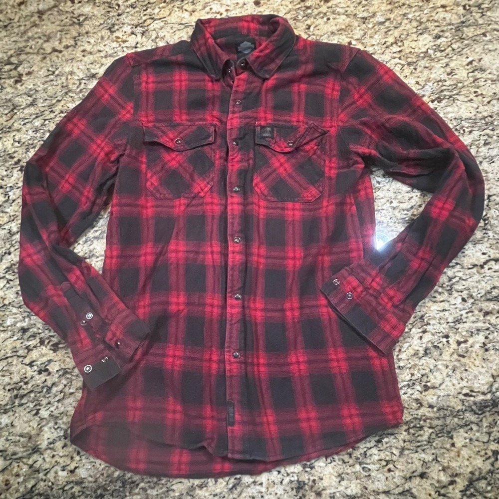 Harley-Davidson Mens Red Black Buffalo Plaid Flannel Snap Front Shirt Medium